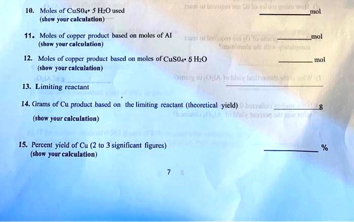 10 moles of cuso4 5 ho used show your calculation mol 11 moles of