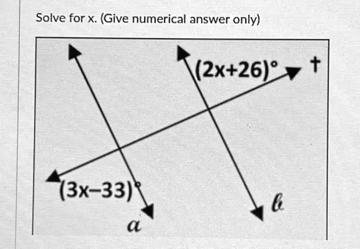 Solve for x. (Give numerical answer only)
(3x-33)
(2x+26)°