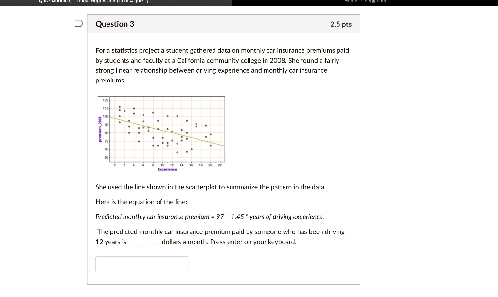 For a statistics project a student gathered data on monthly car insurance premiums paid by students and faculty at a California community college in 2008. She found a fairly strong linear relationship between driving experience and monthly car insurance premiums. She used the line shown in the scatterplot to summarize the pattern in the data. Here is the equation of the line: Predicted monthly car insurance premium = 97 - 1.45 * years of driving experience. The predicted monthly car insurance premium paid by someone who has been driving 12 years is  dollars a month. Press enter on your keyboard.