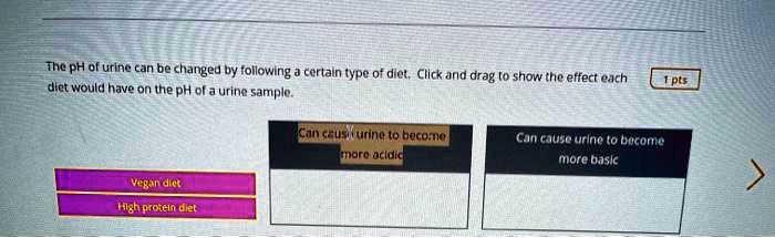 The pH of urine can be changed by following a certain type of diet. Click and drag to show the effect each diet would have on the pH of a urine sample.

Vegan diet
High protein diet

Can cause urine to become more acidic
Can cause urine to become more basic