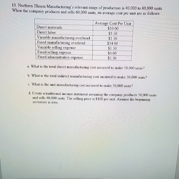 10. Northern Illinois Manufacturing's relevant range of production is 40,000 to 80,000 units. When the company produces and sells 60,000 units, its average cost per unit are as follows:

| | Average Cost Per Unit |
|—|—|
| Direct materials | 10.00 |
| Direct labor |3.50 |
| Variable manufacturing overhead | 1.50 |
| Fixed manufacturing overhead |14.00 |
| Variable selling expense | 1.50 |
| Fixed selling expense |4.00 |
| Fixed administrative expense | 2.50 |

a. What is the total direct manufacturing cost incurred to make 50,000 units?
b. What is the total indirect manufacturing cost incurred to make 50,000 units?
c. What is the unit manufacturing cost incurred to make 50,000 units?
d. Create a traditional income statement assuming the company produces 50,000 units and sells 40,000 units. The selling price is100 per unit. Assume the beginning inventory is zero.
