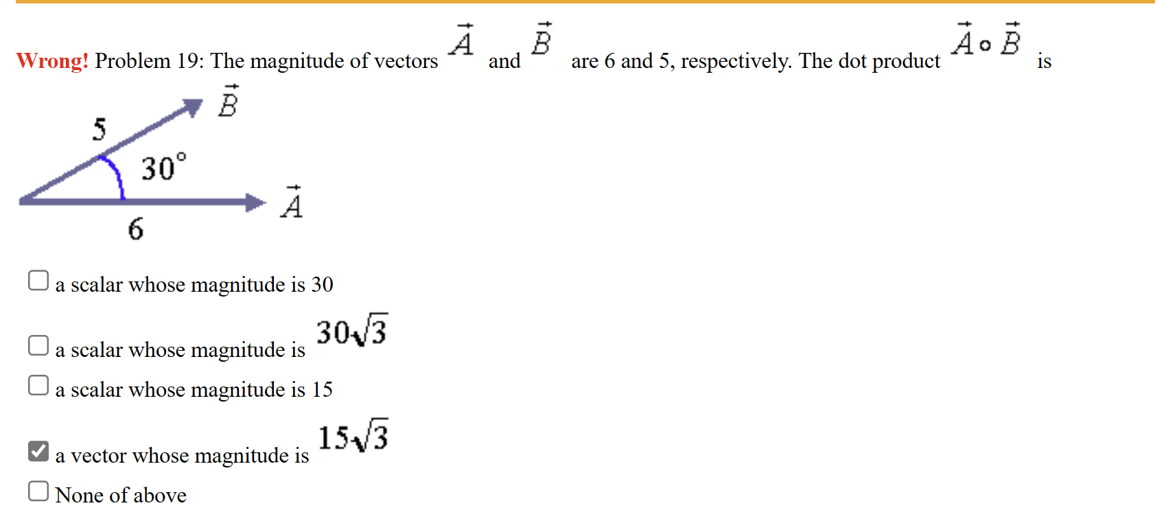 SOLVED: Wrong! Problem 19: The magnitude of vectors A⃗ and B⃗ are 6 and ...