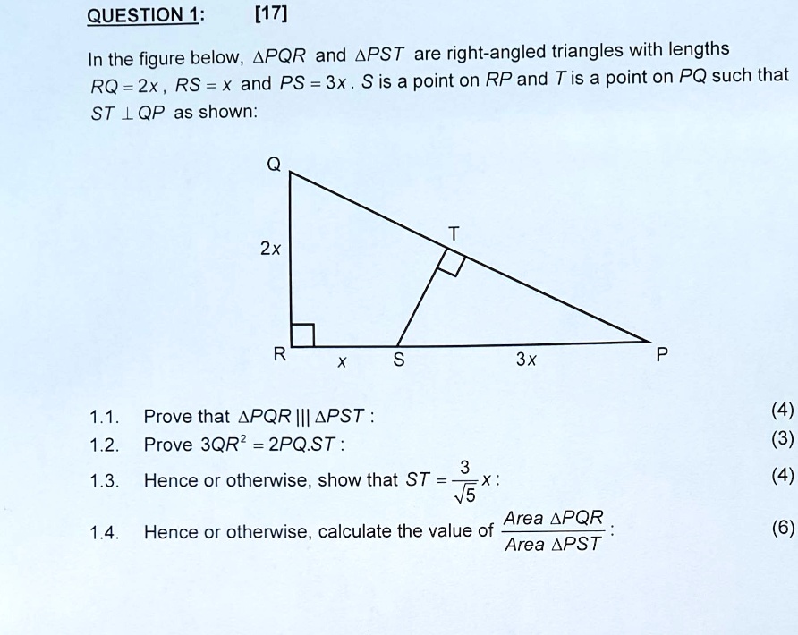 question 1 17 in the figure below apqr and apst are right angled ...