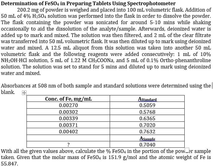 SOLVED Determination of FeSO4 in Preparing Tablets Using