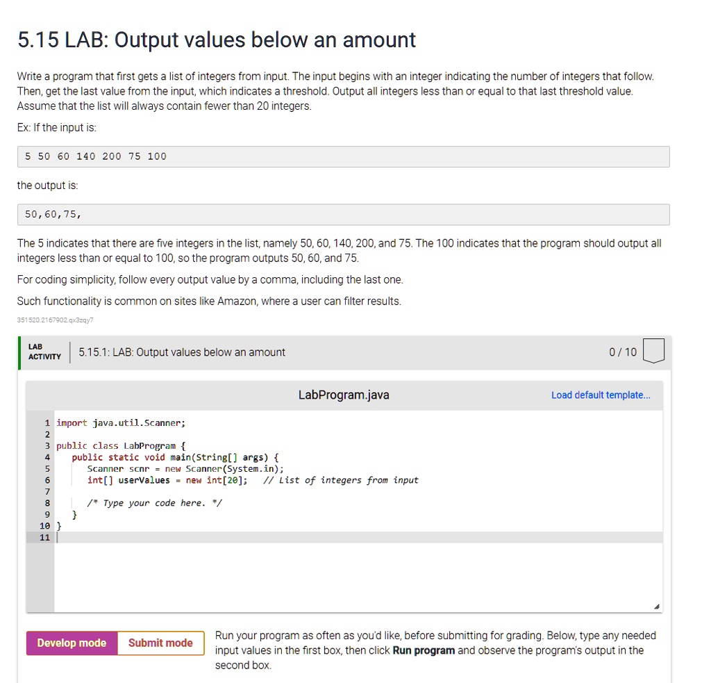 in java 515 lab output values below an amount write program that first ...