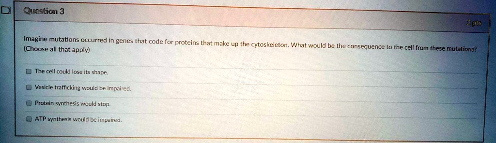 Imagine mutations occurred in genes that code for proteins that make up the cytoskeleton. What would be the consequence to the cell from these mutations?
(Choose all that apply)

The cell could lose its shape.
Vesicle trafficking would be impaired.
Protein synthesis would stop.
ATP synthesis would be impaired.