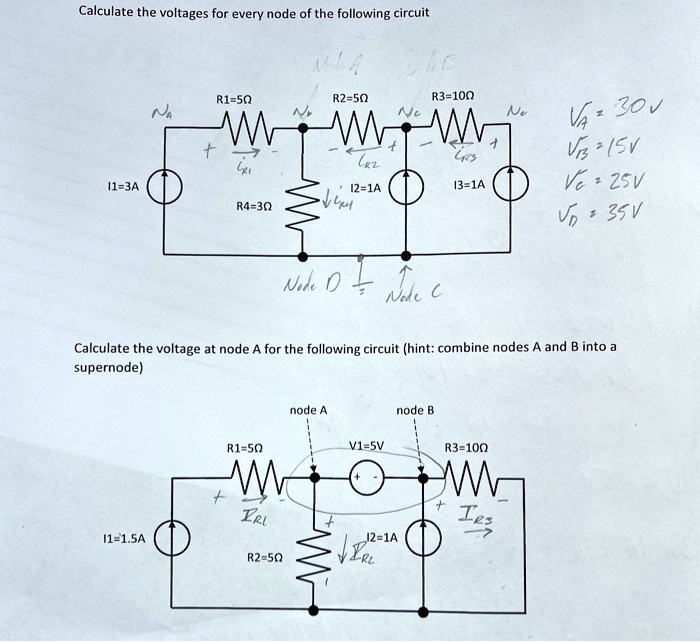 SOLVED: a) calculate the voltages for every node on the circuitb ...