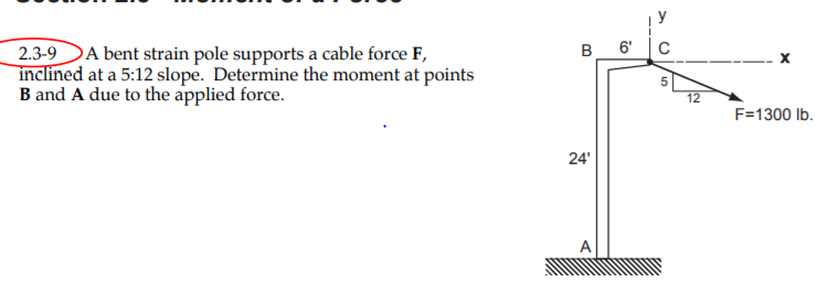 A bent strain pole supports a cable force F, inclined at a 5:12 slope. Determine the moment at points B and A due to the applied force.