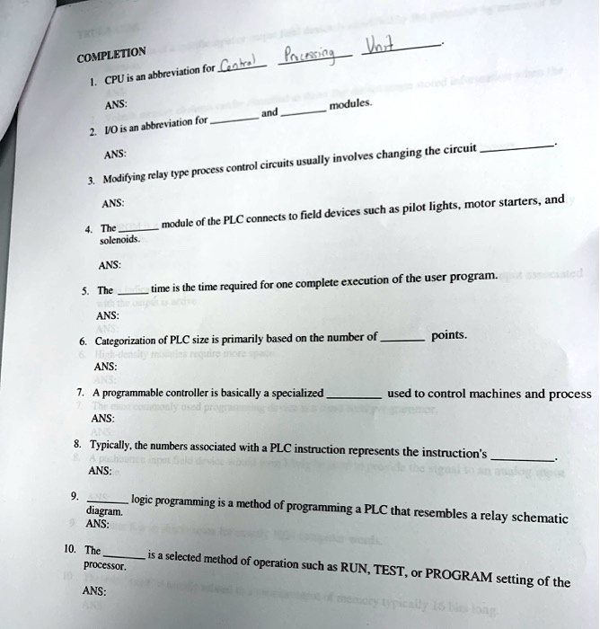 SOLVED COMPLETION 1.CPU is an abbreviation for CnaPnng ANS and