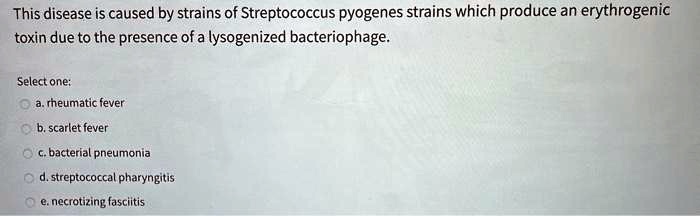 This disease is caused by strains of Streptococcus pyogenes strains which produce an erythrogenic toxin due to the presence of a lysogenized bacteriophage.
Select one:
a. rheumatic fever
b. scarlet fever
c. bacterial pneumonia
d. streptococcal pharyngitis
e. necrotizing fasciitis