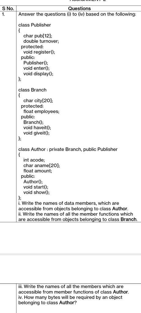 S No.
1.
Questions
Answer the questions (i) to (iv) based on the following:
class Publisher

char pub[12];
double turnover;
protected:
void register();
public:
Publisher();
void enter();
void display();

class Branch

char city[20];
protected:
float employees;
public:
Branch();
void haveit();
void giveit();

class Author: private Branch, public Publisher

int acode;
char aname[20];
float amount;
public:
Author();
void start();
void show();

i. Write the names of data members, which are
accessible from objects belonging to class Author.
ii. Write the names of all the member functions which
are accessible from objects belonging to class Branch.
iii. Write the names of all the members which are
accessible from member functions of class Author.
iv. How many bytes will be required by an object
belonging to class Author?