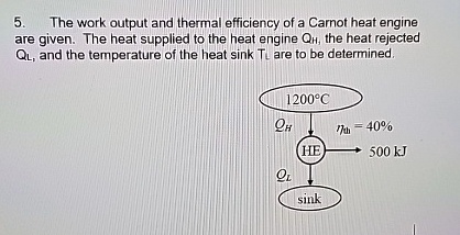 5 the work output and thermal efficiency of a carnot heat engine are given the heat supplied to the heat engine qh the heat rejected ql and the temperature of the heat sink tl are to be d 39161