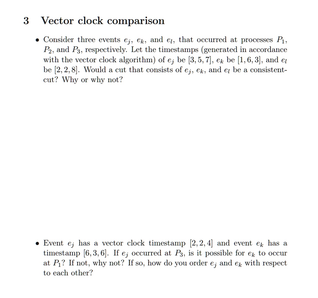 SOLVED 3 Vector clock comparison Consider three events ej; ek, and e