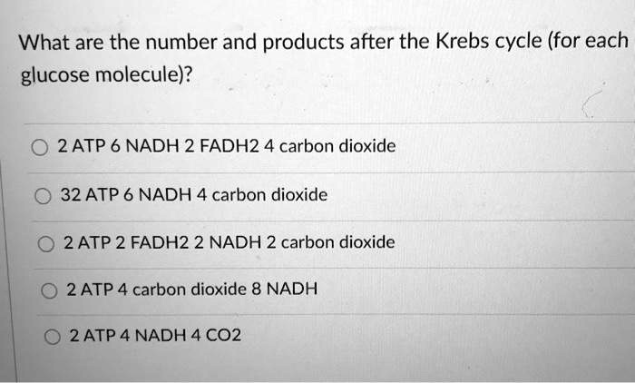 What are the number and products after the Krebs cycle (for each glucose molecule)?

2 ATP 6 NADH 2 FADH2 4 carbon dioxide
32 ATP 6 NADH 4 carbon dioxide
2 ATP 2 FADH2 2 NADH 2 carbon dioxide
2 ATP 4 carbon dioxide 8 NADH
2 ATP 4 NADH 4 CO2