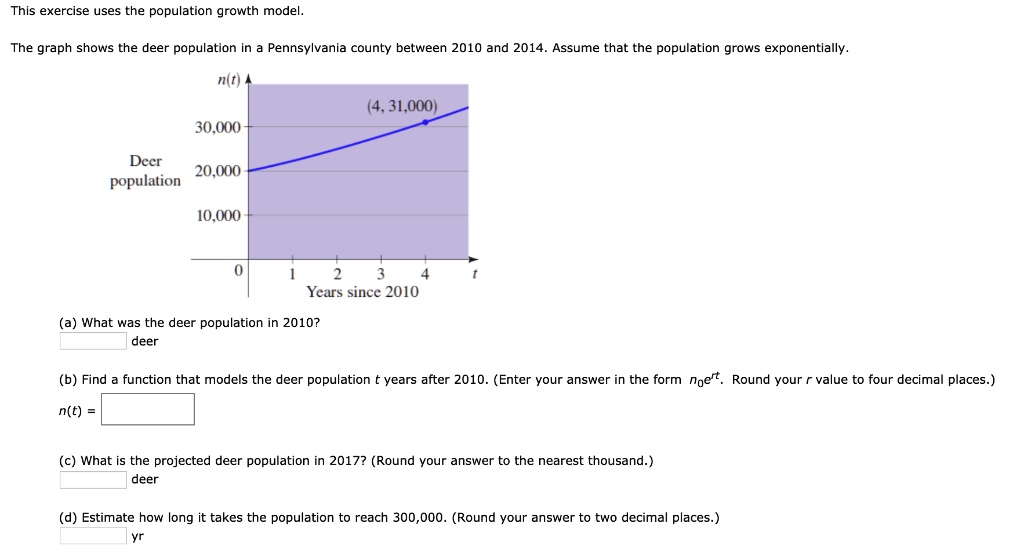 This exercise uses the population growth model.
The graph shows the deer population in a Pennsylvania county between 2010 and 2014. Assume that the population grows exponentially.
n(t) A
30,000
Deer
population
20,000
10,000
0
1
(4, 31,000)
2 3 4
Years since 2010
(a) What was the deer population in 2010?
deer
t
(b) Find a function that models the deer population t years after 2010. (Enter your answer in the form n0e^rt. Round your r value to four decimal places.)
n(t) = 
(c) What is the projected deer population in 2017? (Round your answer to the nearest thousand.)
deer
(d) Estimate how long it takes the population to reach 300,000. (Round your answer to two decimal places.)
yr