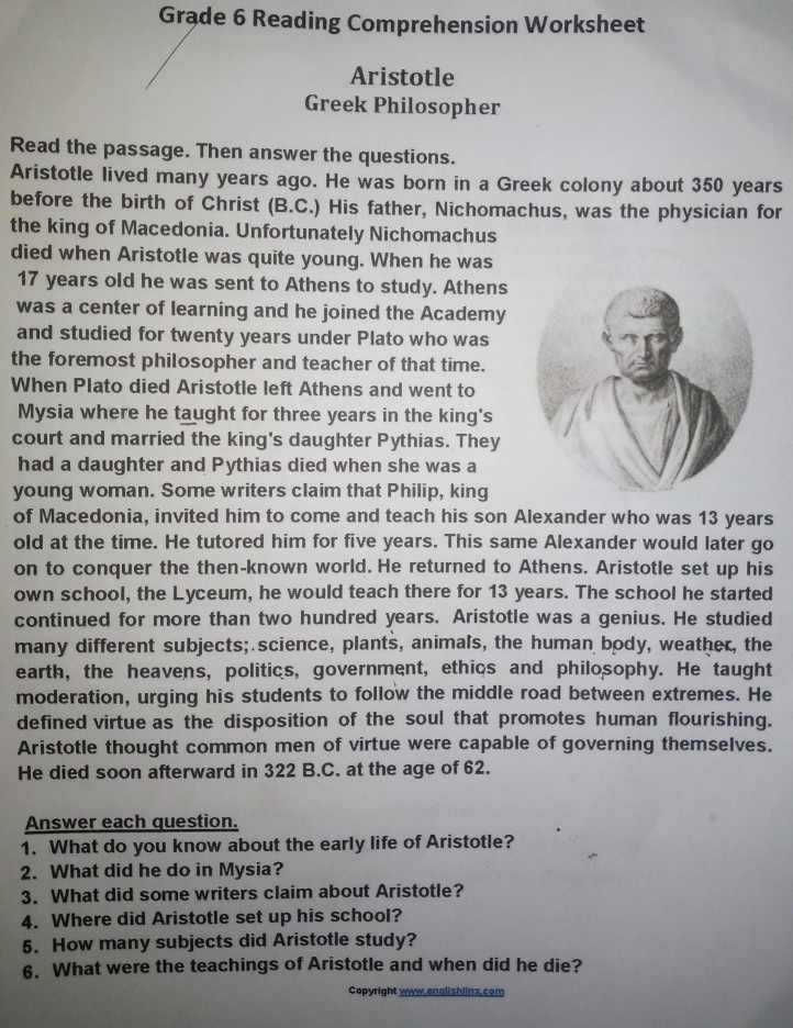 SOLVED: Grade 6 Reading Comprehension Worksheet Aristotle Greek ...