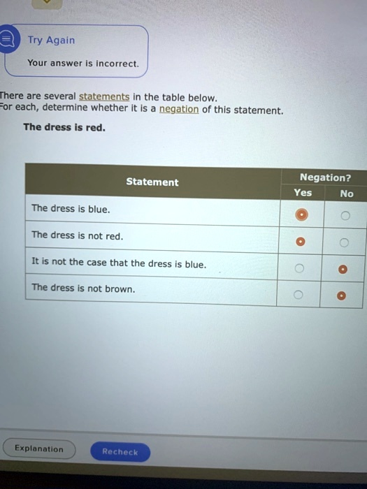 There are several statements in the table below.
For each, determine whether it is a negation of this statement.

The dress is red.

Statement Negation?
Yes No
The dress is blue.
The dress is not red.
It is not the case that the dress is blue.
The dress is not brown.