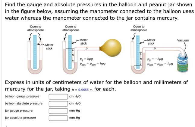 Find the gauge and absolute pressures in the balloon and peanut jar shown in the figure below, assuming the manometer connected to the balloon uses water whereas the manometer connected to the jar contains mercury.

Open to atmosphere
Meter stick

Open to atmosphere
Meter stick
p
pg = h?g
Pabs = Patm + h?g

Open to atmosphere
Meter stick
Vacuum
p
pg = -h?g
Pabs = Patm - h?g

Express in units of centimeters of water for the balloon and millimeters of mercury for the jar, taking h = 0.0655 m for each.

balloon gauge pressure cm H2O
balloon absolute pressure cm H2O
jar gauge pressure mm Hg
jar absolute pressure mm Hg