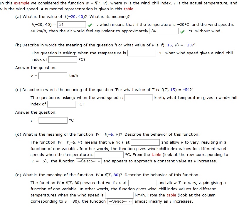 Solved In This Example We Considered The Function W F T V Where W Is The Wind Chill Index Is The Actuab Temperature And V Is The Wind Speed Numerical Representation Is Given