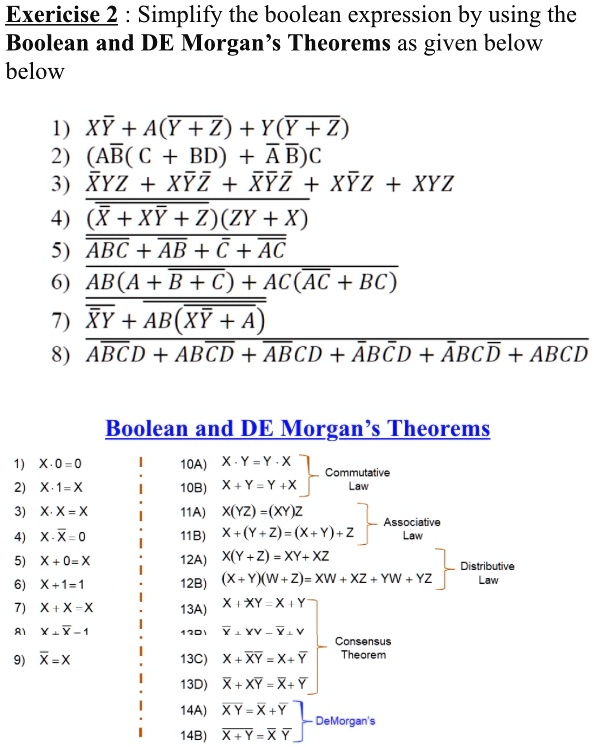 Solved Exericise 2 Simplify The Boolean Expression By Using The Boolean And De Morgan Theorems As Given Below Below 1 Xy A Y Z Y Y Z 2 Ab A Ab C 3 Xyz