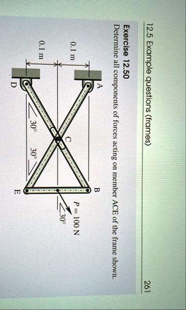 125 example questions frames exercise 1250 determine all components of forces acting on member ace of the frame shown 01 m 01 m a c b p 100 n 30 30 30 d e 261 55335
