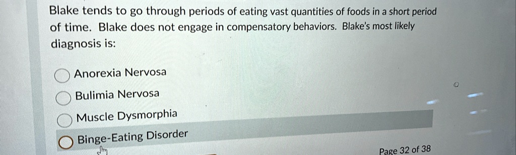 blake tends to go through periods of eating vast quantities of foods in a short period of time blake does not engage in compensatory behaviors blakes most likely diagnosis is anorexia nervos 89602