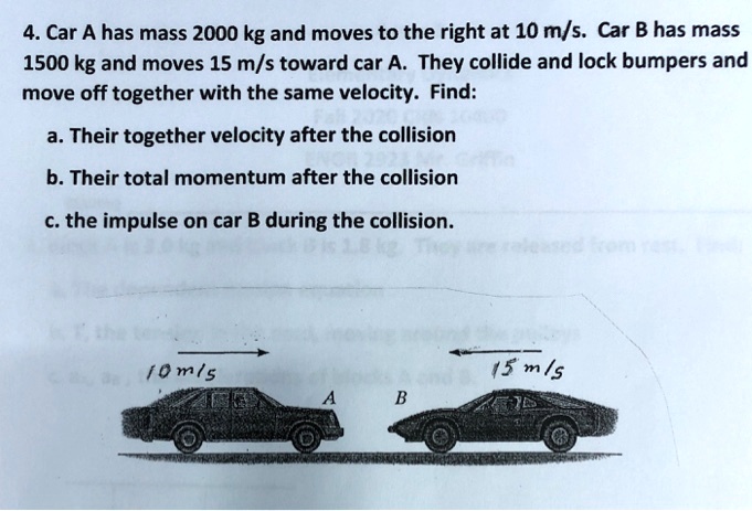 SOLVED: 4. Car A Has Mass 2000 Kg And Moves To The Right At 10 M/s. Car ...