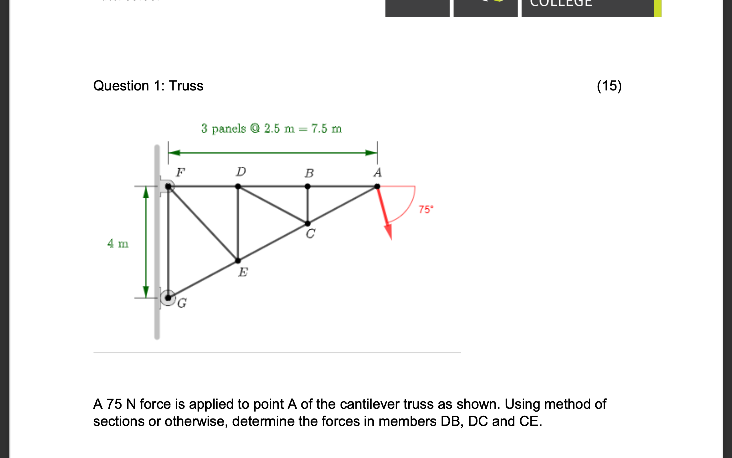 Solved Question 1 Truss A 75 N Force Is Applied To Point A Of The Cantilever Truss As Shown