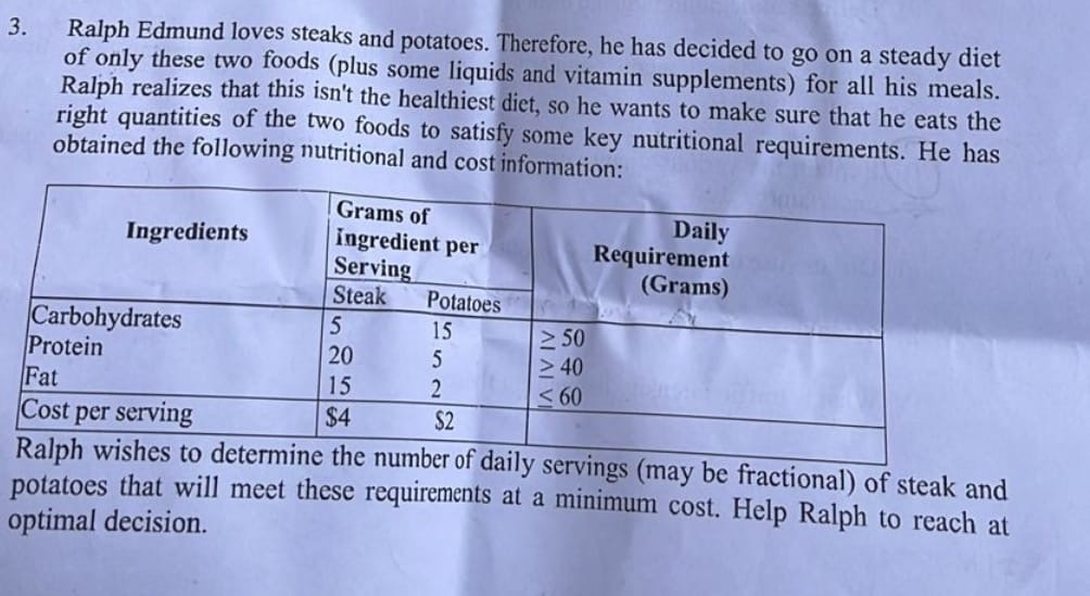 3. Ralph Edmund loves steaks and potatoes. Therefore, he has decided to go on a steady diet of only these two foods (plus some liquids and vitamin supplements) for all his meals. Ralph realizes that this isn't the healthiest diet, so he wants to make sure that he eats the right quantities of the two foods to satisfy some key nutritional requirements. He has obtained the following nutritional and cost information:

Ralph wishes to determine the number of daily servings (may be fractional) of steak and potatoes that will meet these requirements at a minimum cost. Help Ralph to reach at optimal decision.
