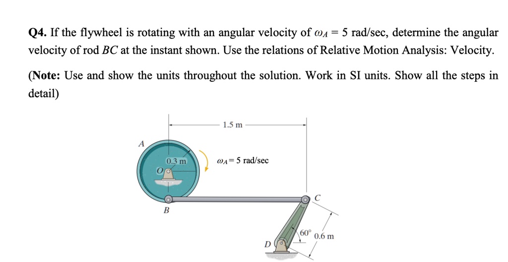 Q4. If the flywheel is rotating with an angular velocity of wA = 5 rad/sec, determine the