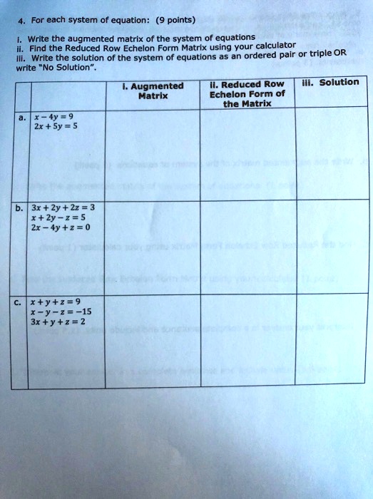SOLVED: For each system of equation: points) Write the augmented matrix ...