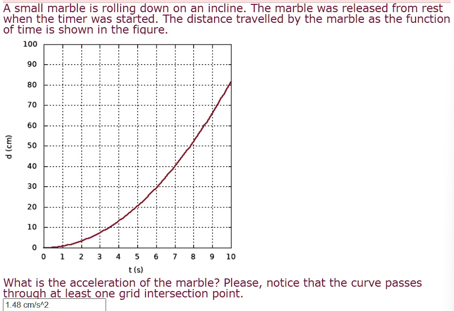 A small marble is rolling down an incline. The marble was released from