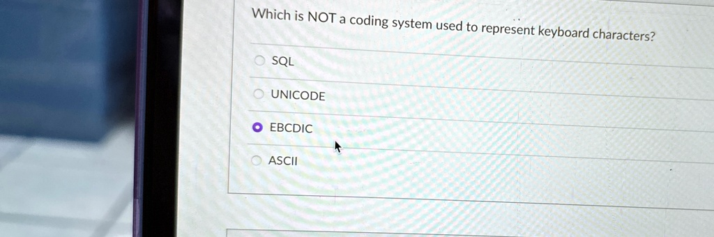 Which is NOT a coding system used to represent keyboard characters? O ...