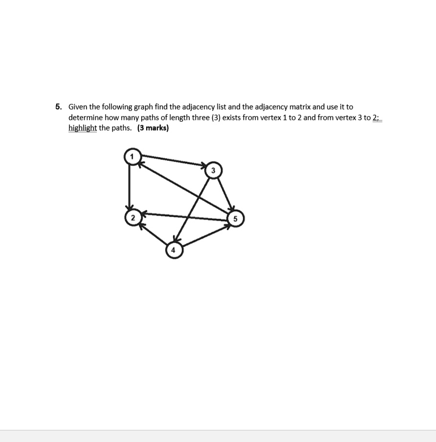 SOLVED: 5. Given the following graph find the adjacency list and the ...