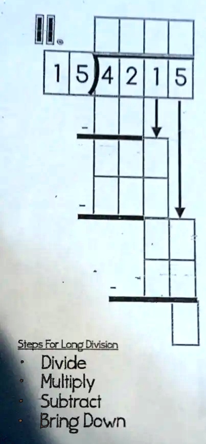 Steps For Long Division
• Divide
• Multiply
• Subtract
• Bring Down
