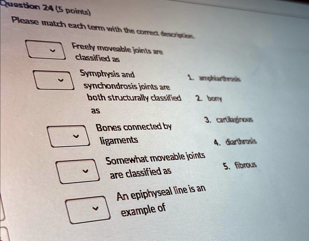 Question 24 (5 points)
Please match each term with the correct description
Freely moveable joints are
classified as
Symphysis and
1. amphiarthrosis
synchondrosis joints are
both structurally classified
as
2. bony
Bones connected by
ligaments
3. cartilaginous
Somewhat moveable joints
are classified as
4. diarthrosis
An epiphyseal line is an
example of
5. fibrous