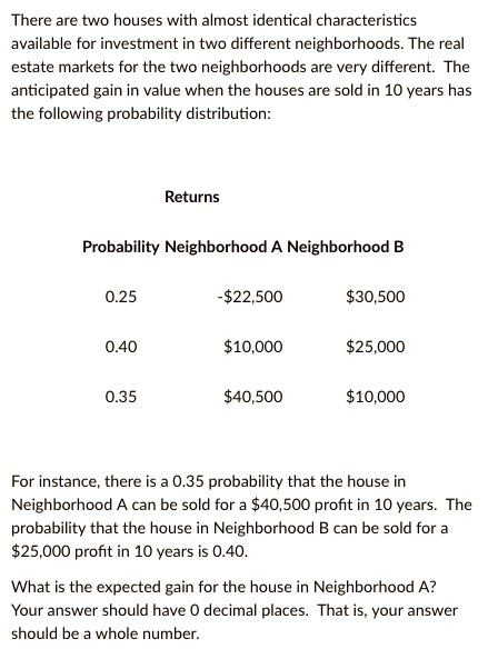 There are two houses with almost identical characteristics available for investment in two different neighborhoods. The real estate markets for the two neighborhoods are very different. The anticipated gain in value when the houses are sold in 10 years has the following probability distribution:
Returns
Probability Neighborhood A Neighborhood B
0.25  -22,50030,500
0.40  10,00025,000
0.35  40,50010,000
For instance, there is a 0.35 probability that the house in Neighborhood A can be sold for a 40,500 profit in 10 years. The probability that the house in Neighborhood B can be sold for a25,000 profit in 10 years is 0.40.
What is the expected gain for the house in Neighborhood A?
Your answer should have 0 decimal places. That is, your answer should be a whole number.