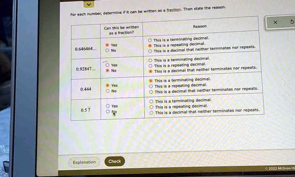 Fraction. Then state the reason. For each number, determine if it can