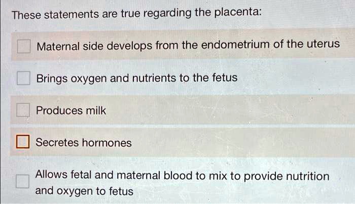 Solved Please Select All That Apply These Statements Are True Regarding The Placenta Maternal 