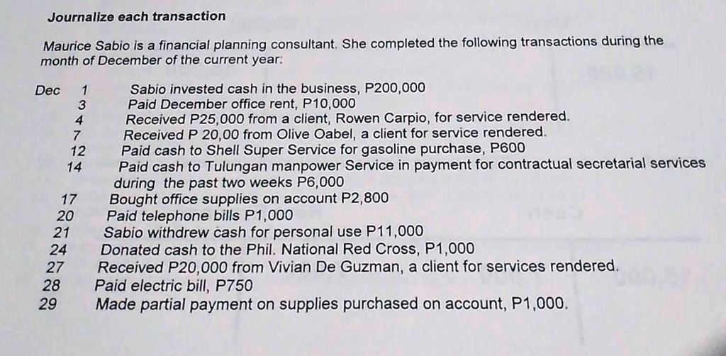 SOLVED Journalize each transaction Maurice Sabio is a financial