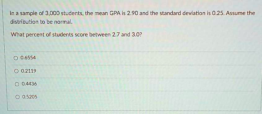 In a sample of 3,000 students, the mean GPA is 2.90 and the standard deviation is 0.25. Assume the distribution to be normal.

What percent of students score between 2.7 and 3.0?

0.6554
0.2119
0.4436
0.5205