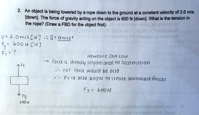 2. An object is being lowered by a rope down to the ground at a constant velocity of 2.0 m/s [down]. The force of gravity acting on the object is 600 N [down]. What is the tension in the rope? (Draw a FBD for the object first).
V= 2.0 m/s [d] 	herefore veca = 0 m/s^2
Fg = 600 N [d]
FT = ?
Newtons 2nd Law
ightarrow force is directly proportional to acceleration
	herefore net force would be zero
	herefore FT is also 600N to create balanced forces.
FT = 600N