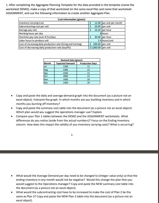 SOLVED: 1. After completing the Aggregate Planning Template for the ...
