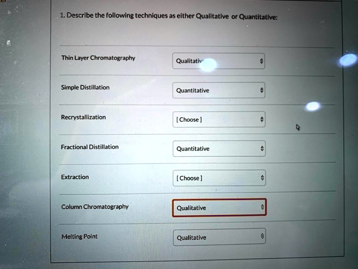 SOLVED Describe the following techniques as either Qualitative or Quantitative Thin Layer