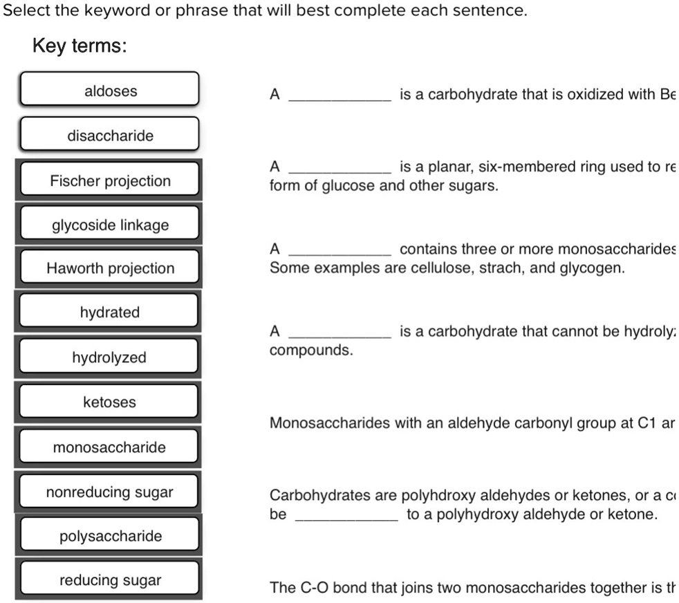 SOLVED Key terms Aldoses a carbohydrate that is oxidized with