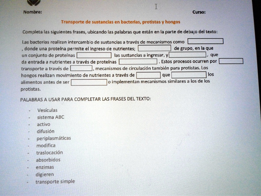 SOLVED: la nesesito ya la profe medio 10 minutos más Nombre: Curso;  Transporte de sustancias en bacterias, protistas Y hongos Completa las siguientes  frases, ubicando las palabras que están en la parte