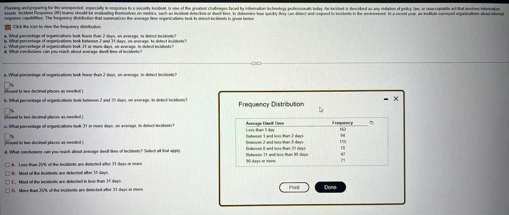 a what percentage of organizations took fewer than 2 days on average to detect incidents round to two decimal places as needed b what percentage of organizations took between 2 and 31 days o 52633