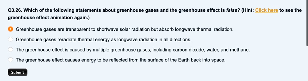 SOLVED: . Which of the following statements about greenhouse gases and  the greenhouse effect is false? (Hint: Click here to see the greenhouse  effect animation again ) Greenhouse gases are transparent to