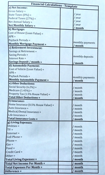 SOLVED: Financial Calculations-Template a)Net Income: Gross Salary= State  Taxes (0%)= /year Federal Taxes (27%)= /year Net Annual Salary= /year Net  Monthly Salary= /year b)Mortgage: /month Cost of House (Loan Value)= APR=  Payback