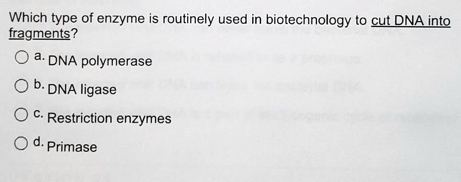 Which type of enzyme is routinely used in biotechnology to cut DNA into fragments?
a. DNA polymerase
b. DNA ligase
c. Restriction enzymes
d. Primase